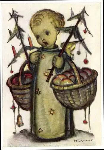 Künstler Ak Hummel, Der Weihnachtsengel, Tannen, Apfelkörbe