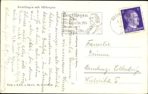 Ak Reutlingen in Württemberg, Albbergen, Panorama