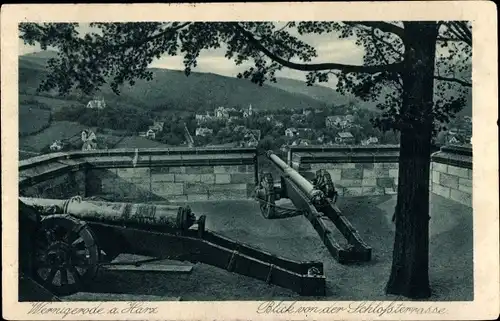 Ak Wernigerode im Harz, Blick von der Schlossterrasse, Kanone