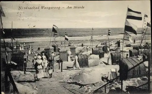 Ak Nordseebad Wangerooge in Ostfriesland, Strand, Fahne, Strandkorbe