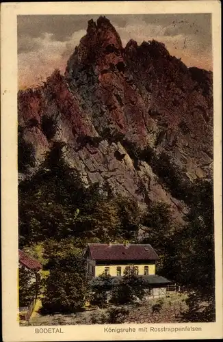 Ak Thale im Harz, Gasthaus Königsruhe im Bodetal, Rosstrappenfelsen