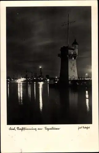 Ak Hansestadt Kiel, Nachtstimmung am Signalturm