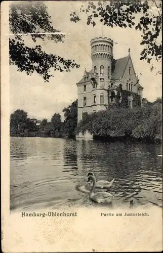Ak Hamburg Uhlenhorst, Partie a. d. Alster, Wentzelburg, Schwäne, Justusteich