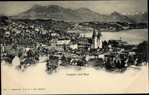 Ak Luzern Stadt Schweiz, Blick auf den Ort mit Rigi, Kirche, Gebirge