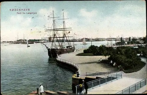 Ak København Kopenhagen Dänemark, Parti fra Langelinie, Hafen, Segelschiff