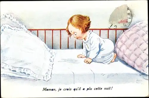 Künstler Ak Wills, J., Kind im Bett, Mutti, es muss geregnet haben