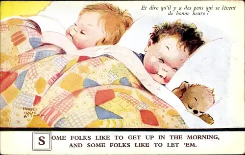 Künstler Ak Attwell, M. L., Kinder schlafen im Bett, Hund