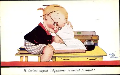 Künstler Ak Attwell, M. L., Junge am Schreibtisch, Füller, Tintenfass