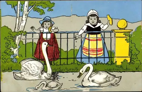 Ak Mädchen füttern Schwäne im Park, Teich