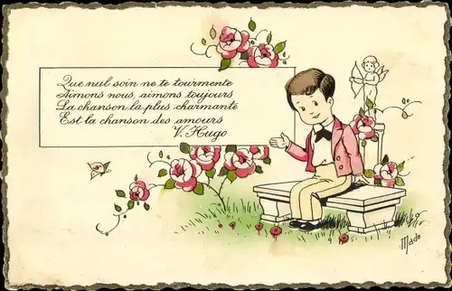 Künstler Ak Mado, Junge im Garten, Rosen, Eros mit Bogen
