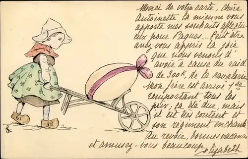 Künstler Litho Ostern, Mädchen mit Schubkarre, Osterei