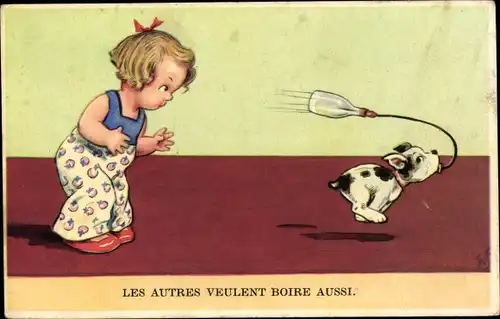 Künstler Ak Scheuermann, W., Mädchen, Hund hat eine Flasche gestohlen, Dieb, Diebstahl