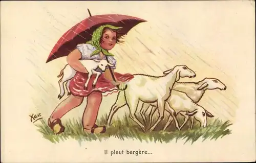 Künstler Ak Mädchen auf dem Weg zum Bauernhof, Schafe, Regen
