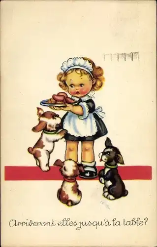 Ak Dienstmädchen und hungrige Hunde, Essen, Wurst