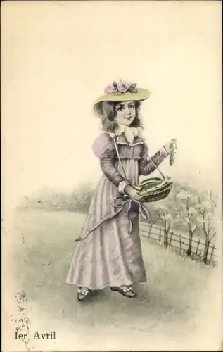 Ak Glückwunsch 1. April, Mädchen, Korb, Fische