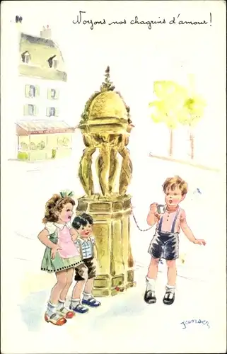 Künstler Ak Janser, Junge mit Tasse, Lachende Kinder