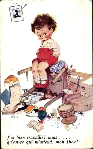 Künstler Ak Attwell, M. L., Nach getaner Arbeit ist gut ruhn, Kind, Chaos, Unordnung