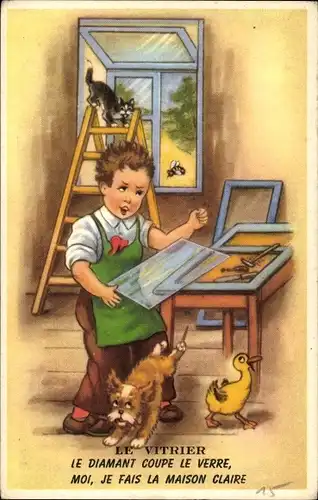 Ak Szene in Glasherstellung-Werkstatt, Aufgeregter Junge, Hund, Ente, Katze