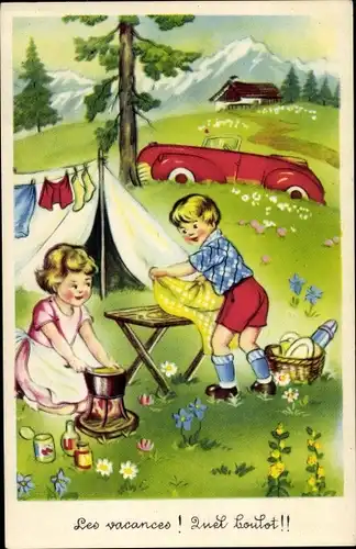 Ak Kinder machen Picknick, Zelt, Dose mit Essen, Tisch, Wäsche, Ausflug