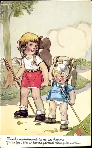 Ak Kinder beim Wandern, Erschöpfter Junge, Gehstock