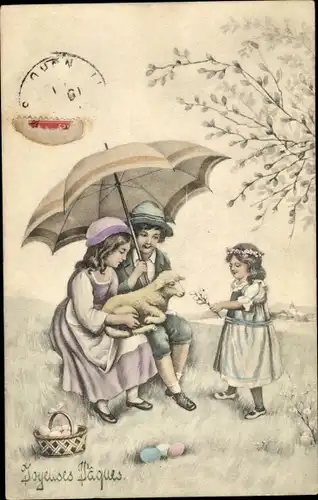 Ak Glückwunsch Ostern, Kinder, Lämmer, Sonnenschirm