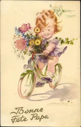 Künstler Ak Mauzan, Glückwunsch, Kind mit Blumenstrauß auf einem Fahrrad
