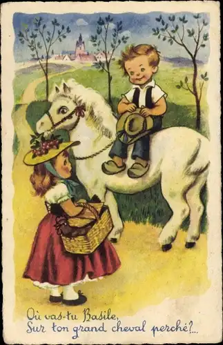 Ak Junge auf weißem Pferde reitend, Mädchen, Gespräch