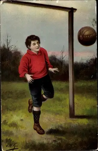 Künstler Ak Fußballspiel, Torwart vor dem Tor, Ball