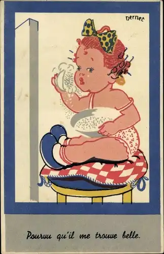 Künstler Ak Dernet, Mädchen wäscht sich das Gesicht, Badezimmer, Hocker