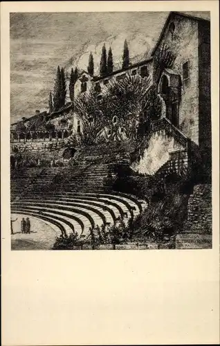 Künstler Ak Verona Veneto, Acquaforte di Ettore Fagiuoli, Il teatro romano e la chiesa di S. Libera