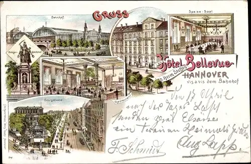 Litho Hannover in Niedersachsen, Hotel Bellevue, Bahnhof, Georgstraße, Kriegerdenkmal