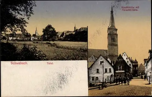 Ak Schwabach in Mittelfranken Bayern, Gesamtansicht, Stadtkirche, Fleischbrücke