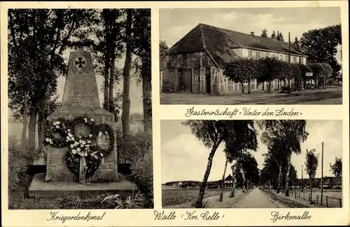 Ak Walle Winsen an der Aller, Kriegerdenkmal, Gastwirtschaft Unter den Linden, Birkenallee