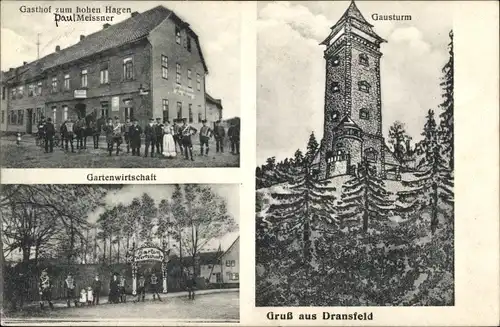 Ak Dransfeld Niedersachsen, Gasthof zum hohen Hagen, Inh. Paul Meissner, Gartenwirtschaft, Gausturm