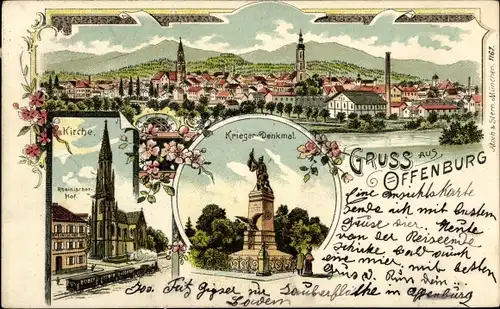 Litho Offenburg im Schwarzwald, Totale, Kirche, Rheinischer Hof, Kriegerdenkmal