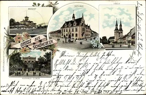 Litho Schönebeck an der Elbe, Bahnhof, Rathaus, Kirche, Kurhaus Elmen