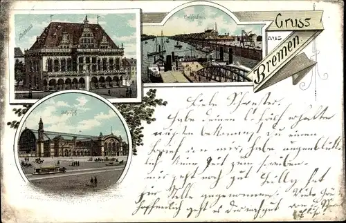 Litho Hansestadt Bremen, Bahnhof, Rathaus, Freihafen