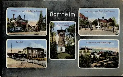 Ak Northeim in Niedersachsen, Brauerei, Oberes Tor, Bahnhof, Aussichtsturm, Gymnasium