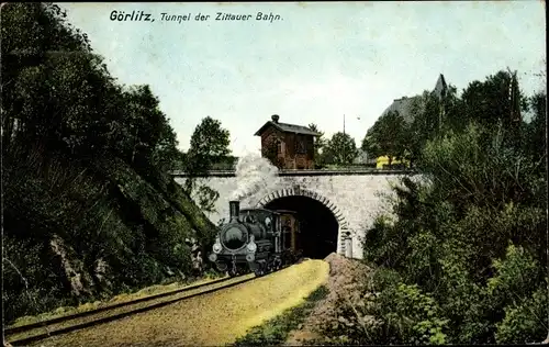 Ak Görlitz in der Lausitz, Tunnel der Zittauer Bahn, Dampflokomotive, Nr. 6975