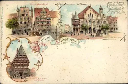 Litho Hildesheim in Niedersachsen, Haus Wedekind, Rathaus, Knochenhauer Amtshaus