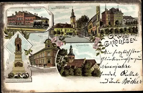 Litho Gardelegen in der Altmark, Post, Rathaus, Kaiser-Wilhelm-Denkmal, Bahnhof