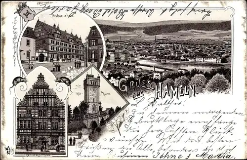 Litho Hameln in Niedersachsen, Hochzeitshaus, Klütturm, Rattenfängerhaus, Panorama vom Ort
