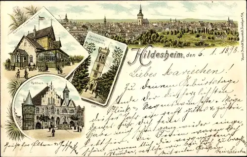 Litho Hildesheim in Niedersachsen, Gasthaus auf dem Galgenberg, Rathaus, Aussichtsturm