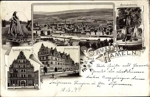 Litho Hameln in Niedersachsen, Rattenfänger, Hochzeitshaus, Gertrudenbrunnen, Rattenfängerhaus