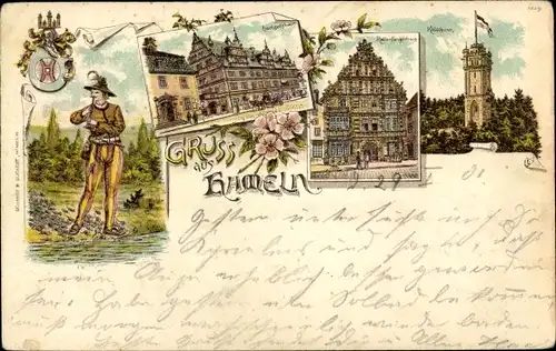 Wappen Litho Hameln in Niedersachsen, Hochzeitshaus, Rattenfängerhaus, Klütturm