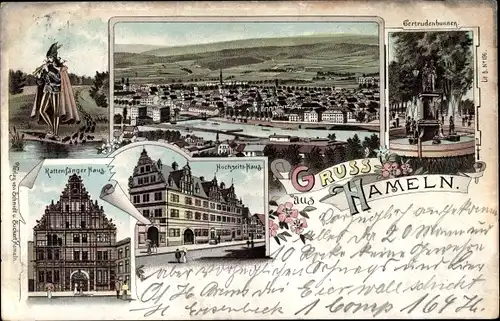 Litho Hameln in Niedersachsen, Rattenfänger, Hochzeitshaus, Gertrudenbrunnen, Rattenfängerhaus