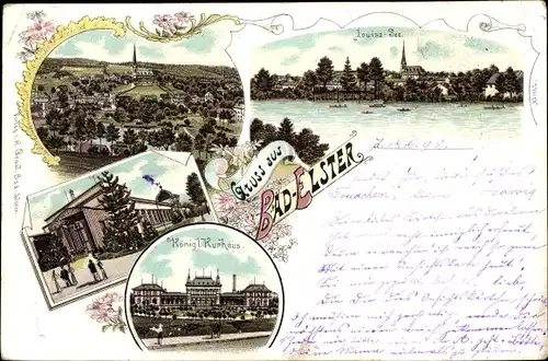 Litho Bad Elster im Vogtland, Gesamtansicht, Königl. Kurhaus, See
