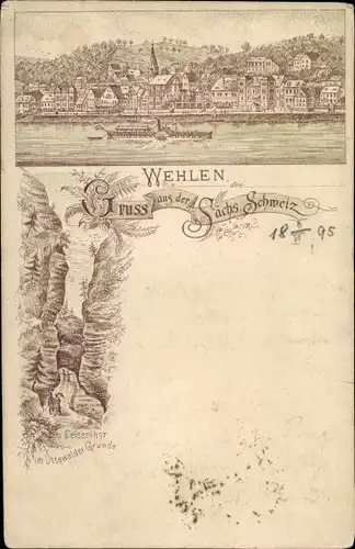 Vorläufer Litho Wehlen an der Elbe Sachsen, Felsentor im Uttewalder Grunde, Elbdampfer Pirna 