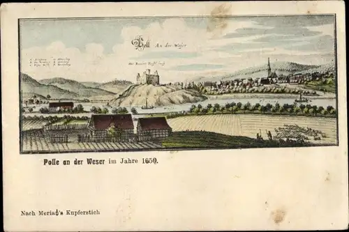 Künstler Ak Polle an der Weser in Niedersachsen, Gesamtansicht vom Ort im Jahre 1650