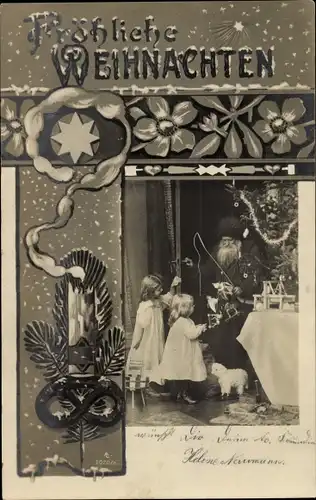 Ak Glückwunsch Weihnachten, Kinder, Weihnachtsmann, Geschenke, Tannenzweige